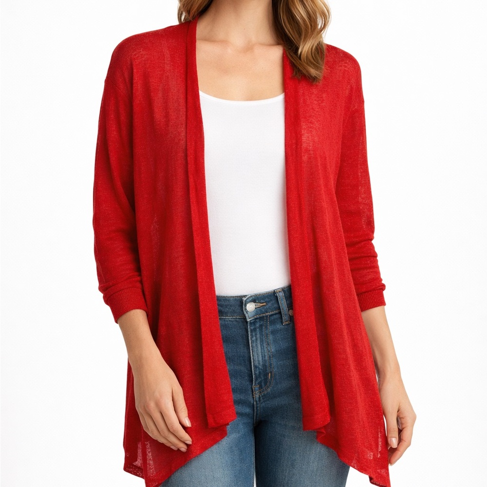 Nic And Zoe Womens Red Linen Blend Open Front Knit Cardigan, Minimalist, Size 1X